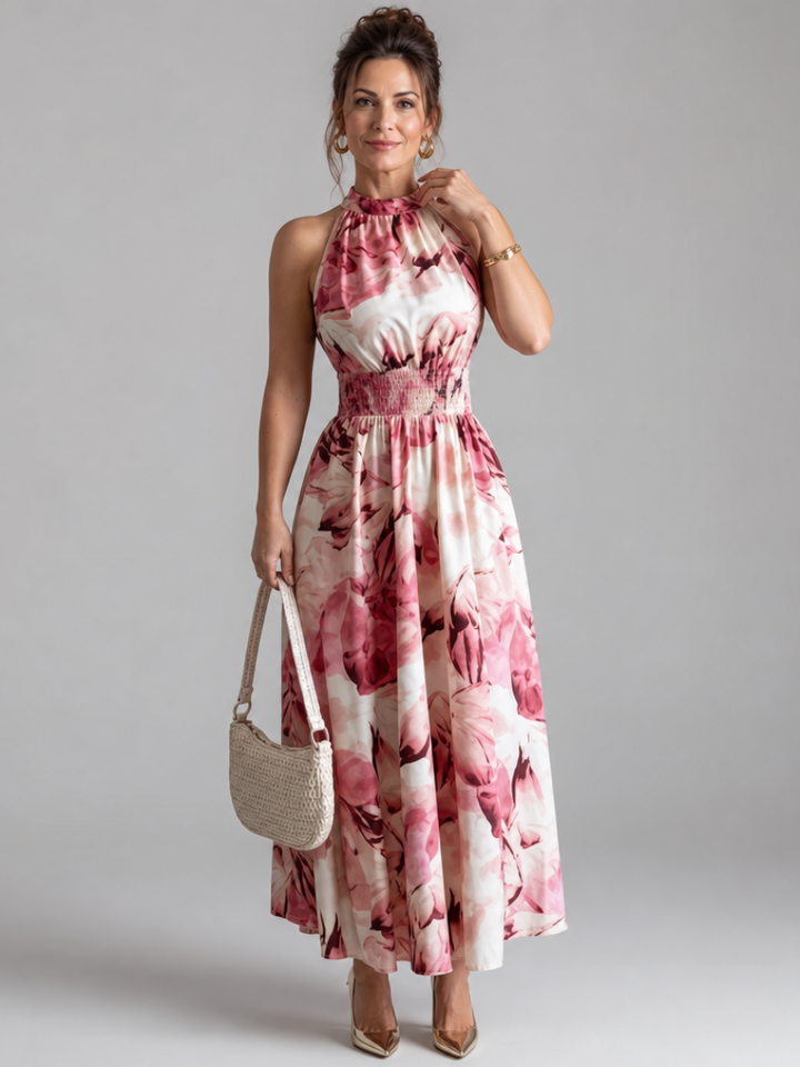 Olivia | Robe Midi Imprimé Abstrait à Taille Froncée