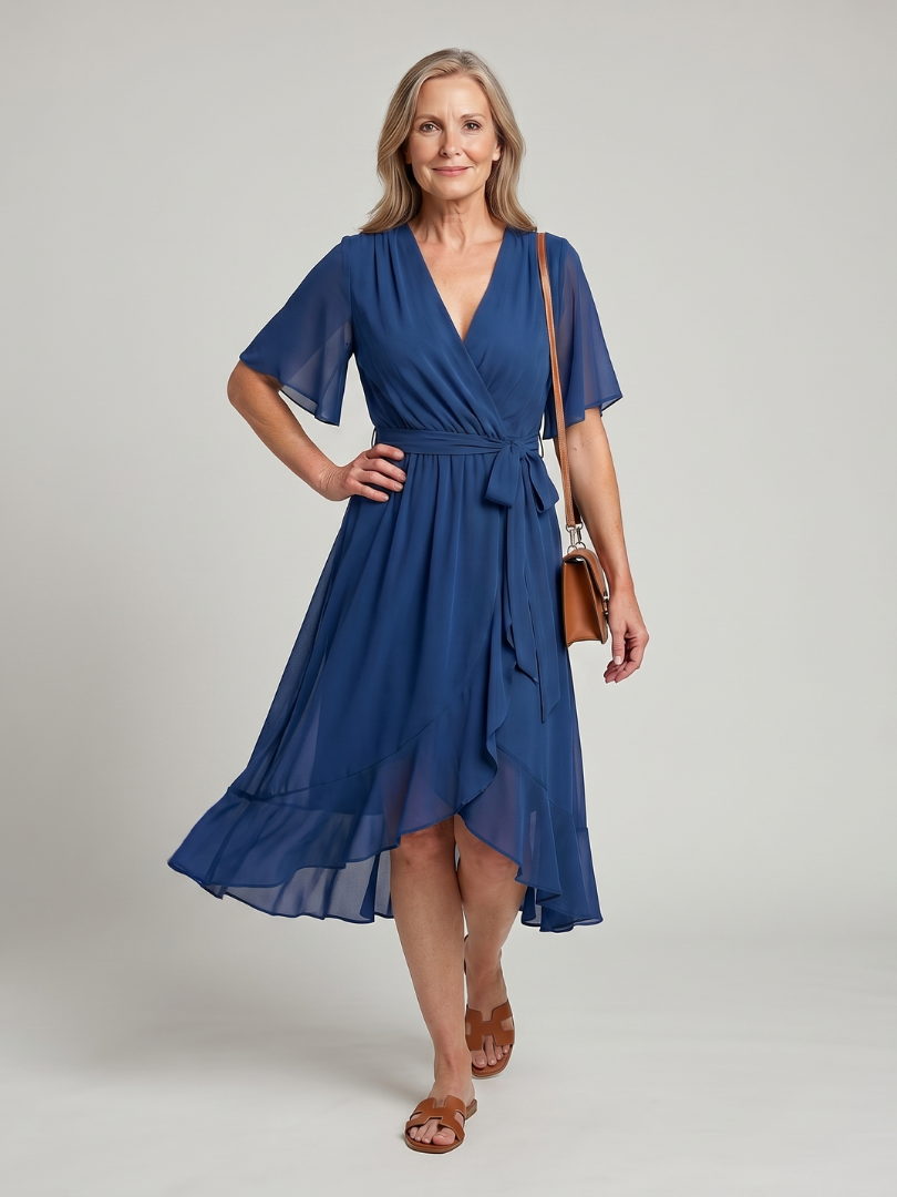 Keziah | Robe Midi à Manches Courtes en Drapé Doux