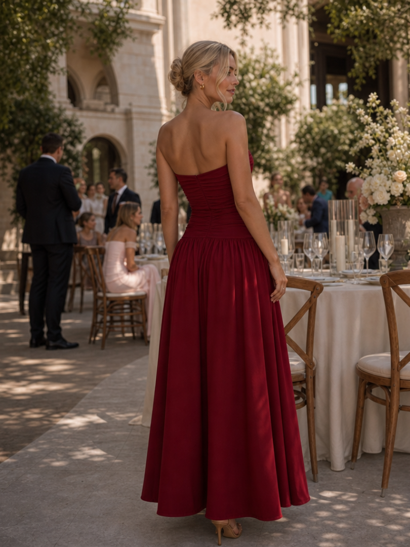Zelene | Robe Midi Bustier à Corsage Froncé