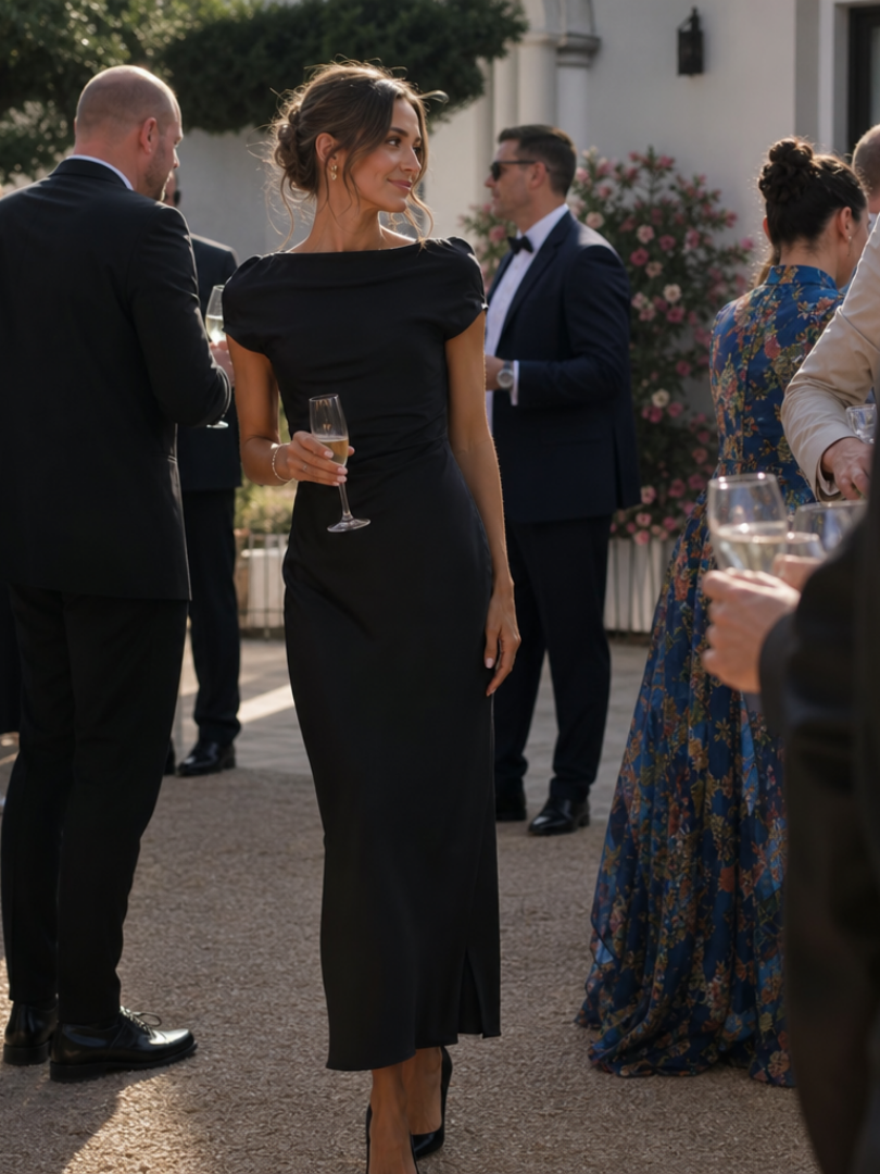 Elure | Robe Midi à Col Bateau et Manches Courtes Ajustée