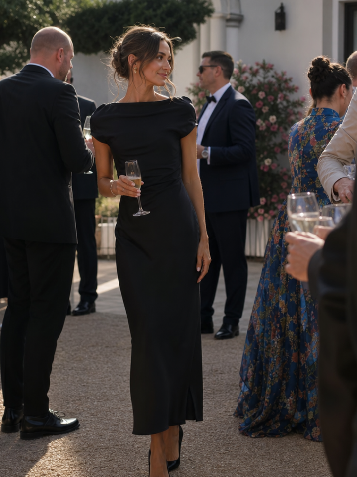 Elure | Robe Midi à Col Bateau et Manches Courtes Ajustée