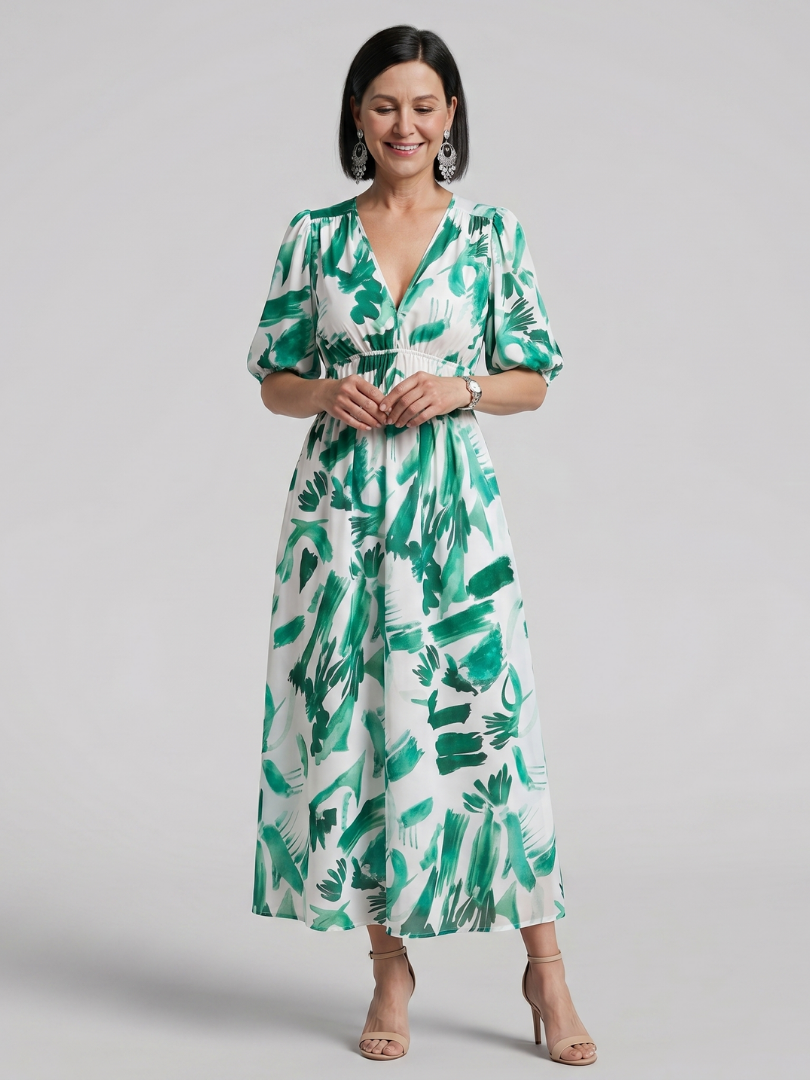 Candlia | Robe Midi à Imprimé Abstrait et Manches Bouffantes en V