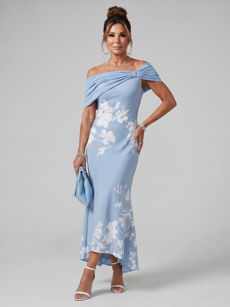 Cosma | Robe Midi à Encolure Drapée Hors Épaule