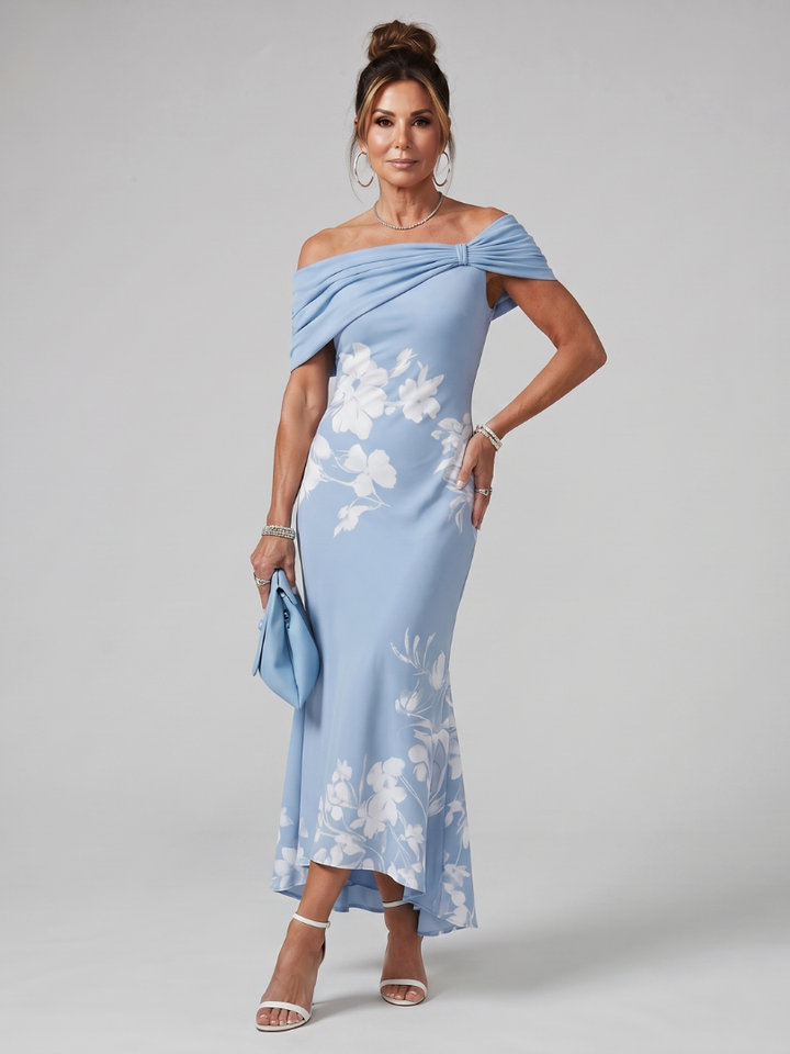 Cosma | Robe Midi à Encolure Drapée Hors Épaule