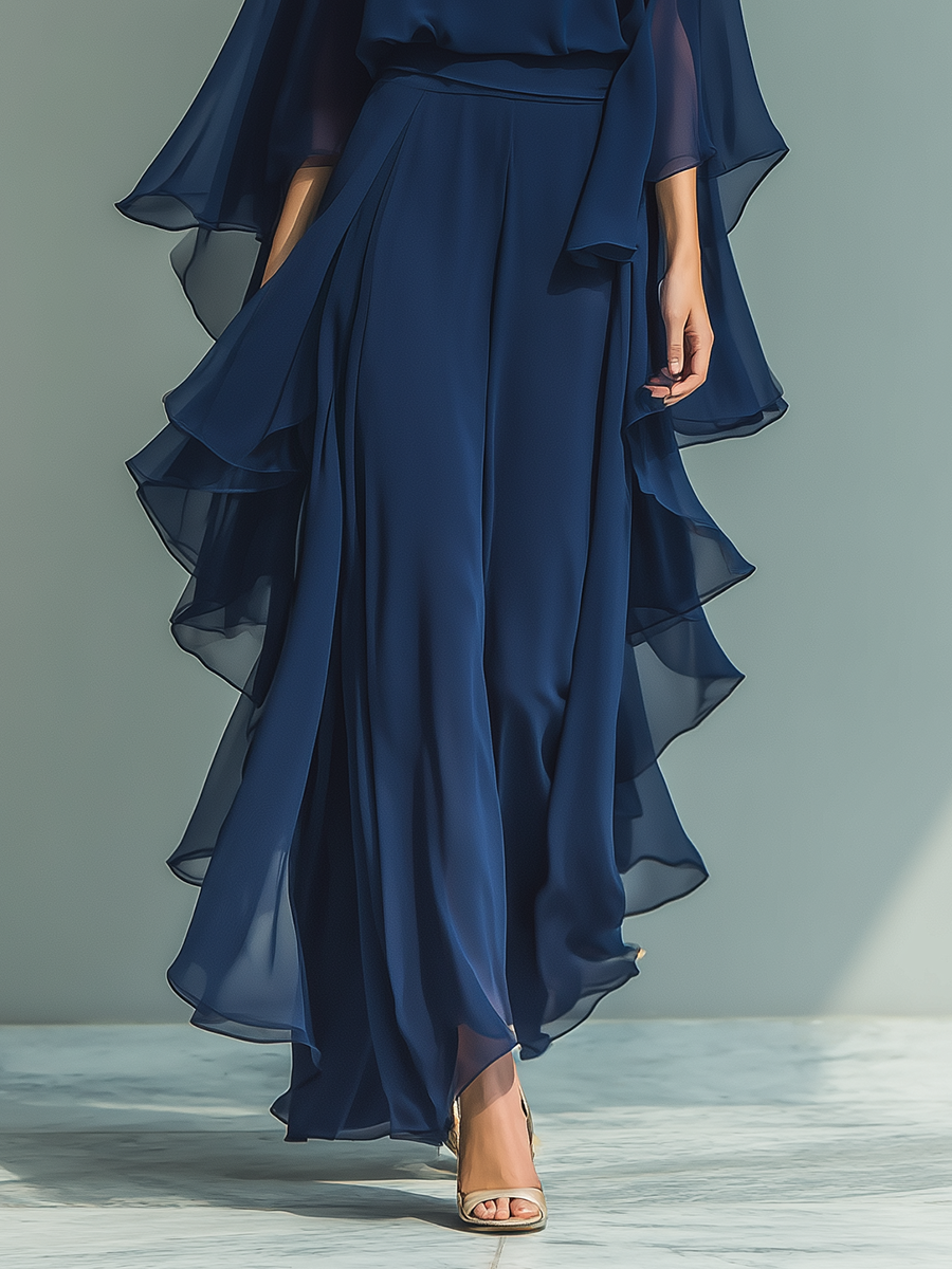 Ensemble Haut Bleu Marine avec Manches Évasées et Pantalon Droit avec Détails Ruchés