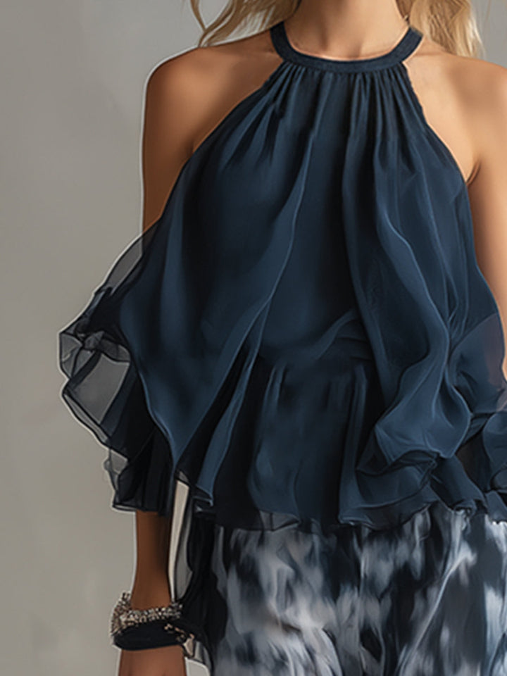 Ludovica – Ensemble en chiffon élégant avec top col montant et pantalons imprimés à jambes larges