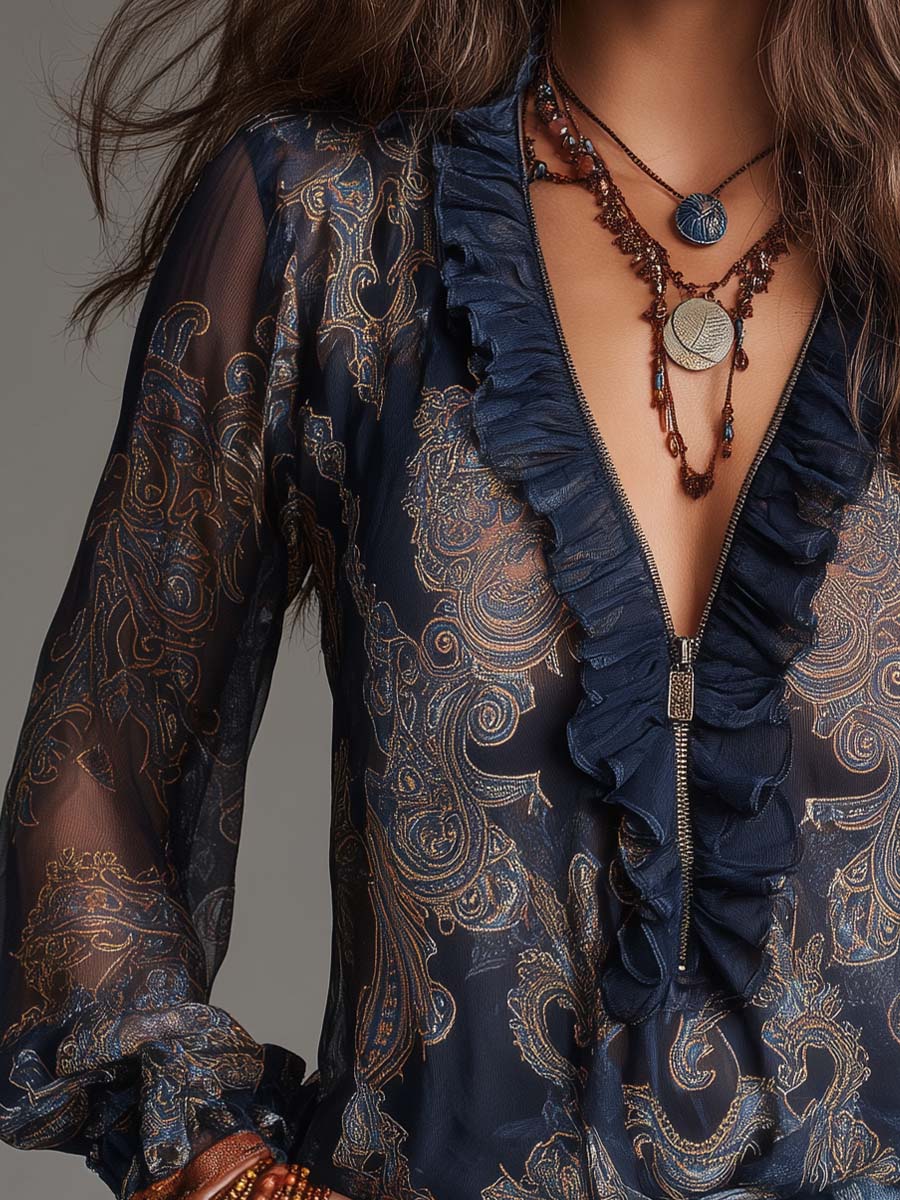 Elise | Blouse en Chiffon à Volants Baroque Paisley Marine