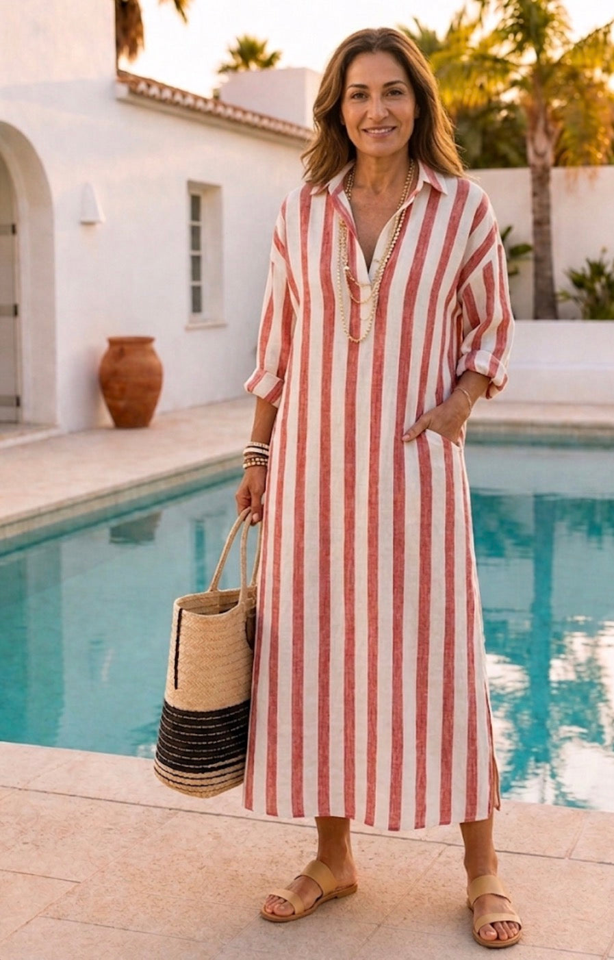 Naomi | Robe Chemise Midi à Manches Longues Rayée