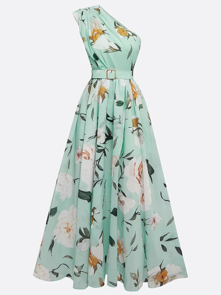 Julie | Robe Maxi Chiffon Floral Vert Clair à Une Épaule