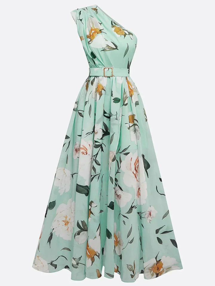 Julie | Robe Maxi à Fleurs Vert Clair à Une Épaule
