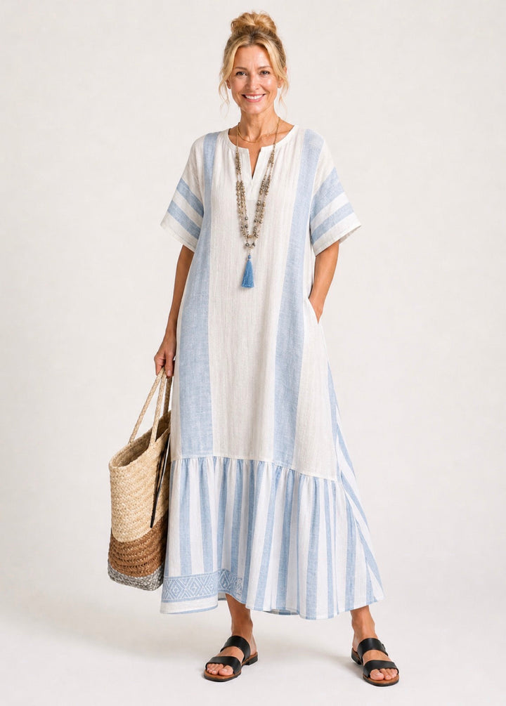 Ione | Robe maxi rayée à col rond et manches courtes
