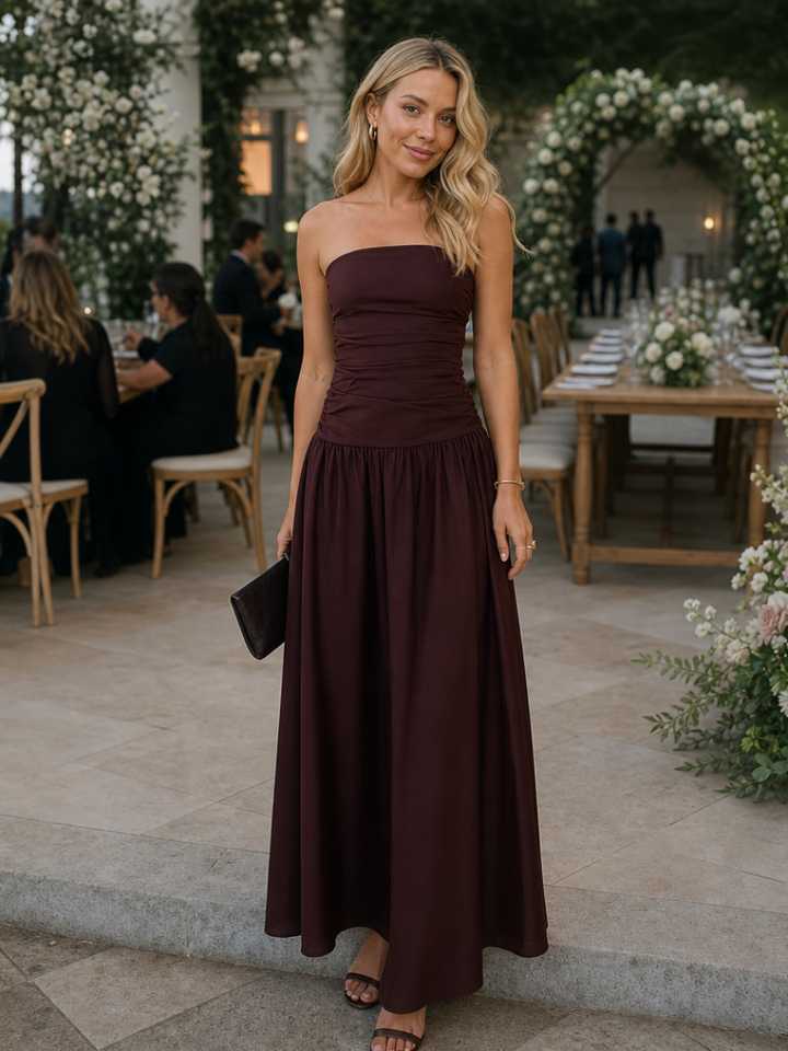 Zelene | Robe Midi Bustier à Corsage Froncé