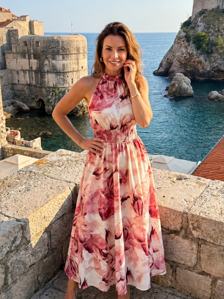 Olivia | Robe Midi Imprimé Abstrait à Taille Froncée