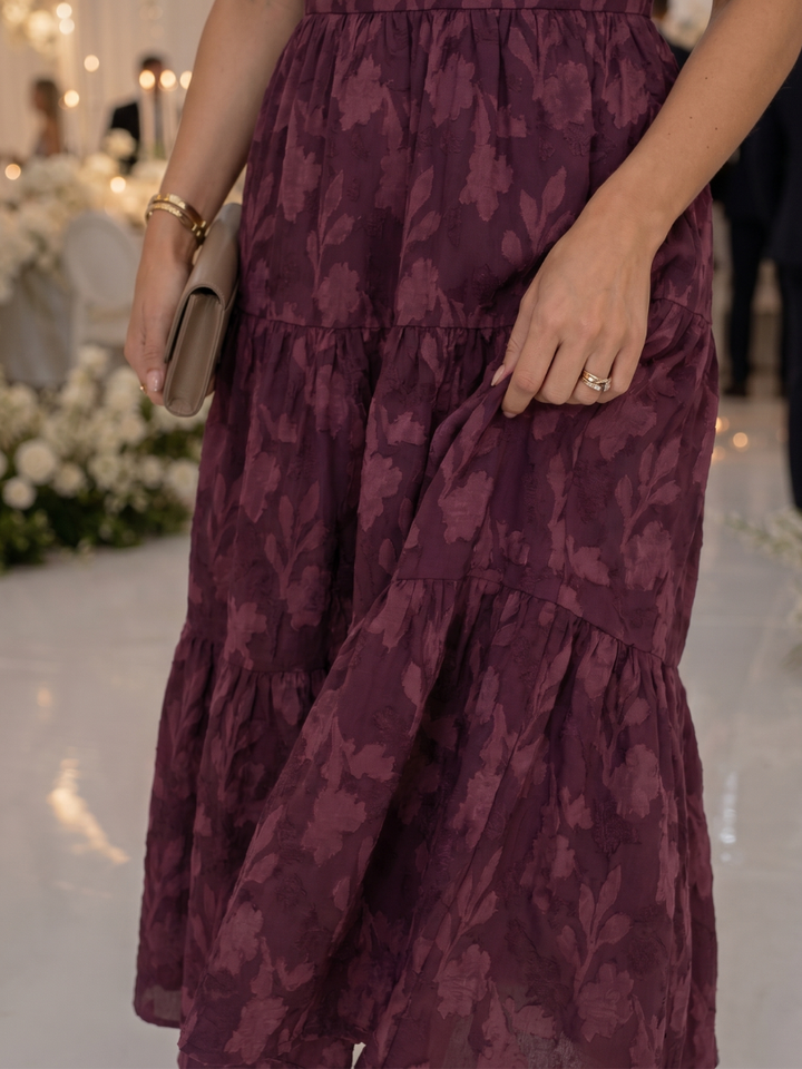 Elaria | Robe Midi à Manches Courtes et Détail Floral Texturé