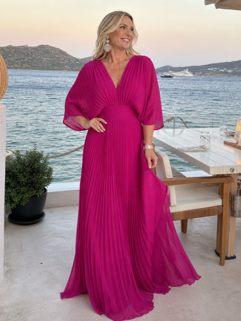 Semorph | Robe Maxi Plissée à Col en V et Manches Longues