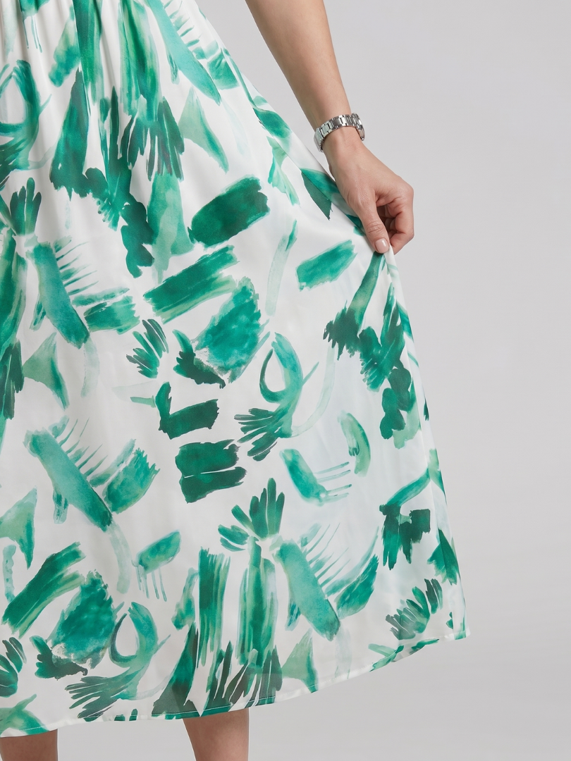 Candlia | Robe Midi à Imprimé Abstrait et Manches Bouffantes en V