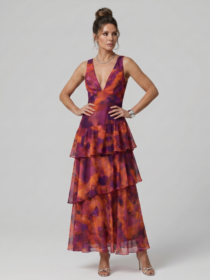 Gala | Robe Midi Sans Manches à Décolleté V Profond avec Motif Peint