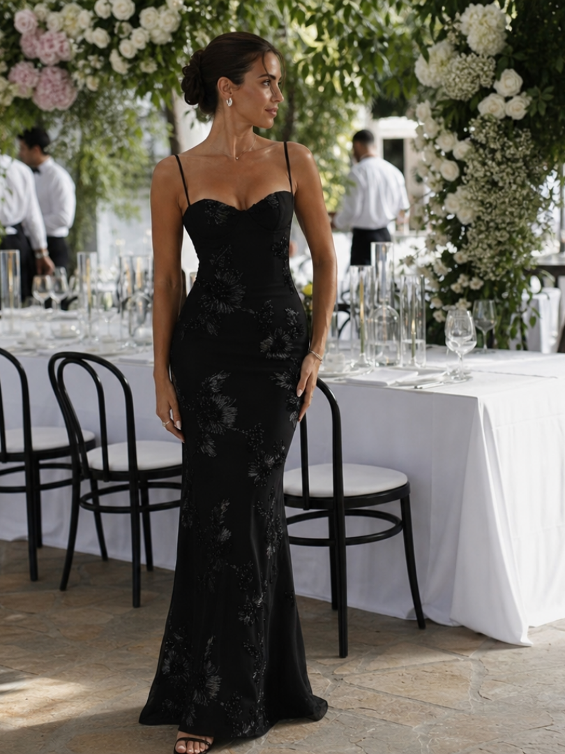 Danica | Robe Maxi à Bretelles Fines et Corsage Corset