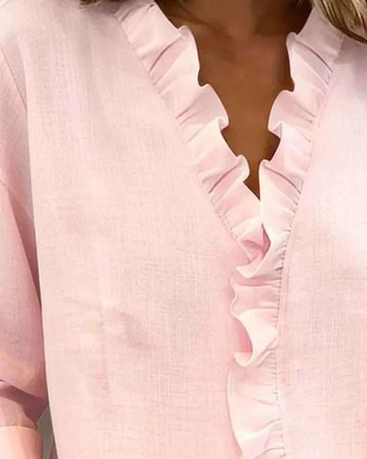Susan | Blouse avec Volants, Col en V et Manches Longues