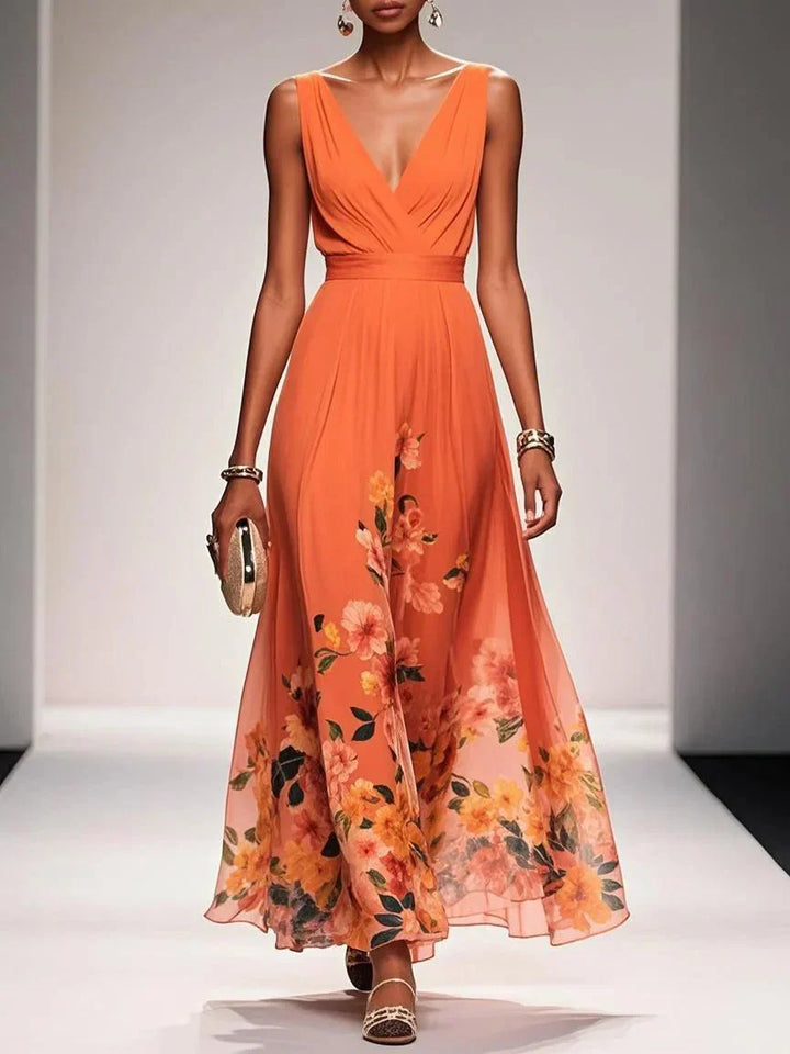 Rose | Robe Maxi Chiffon Fleurie V-Col Light Blue