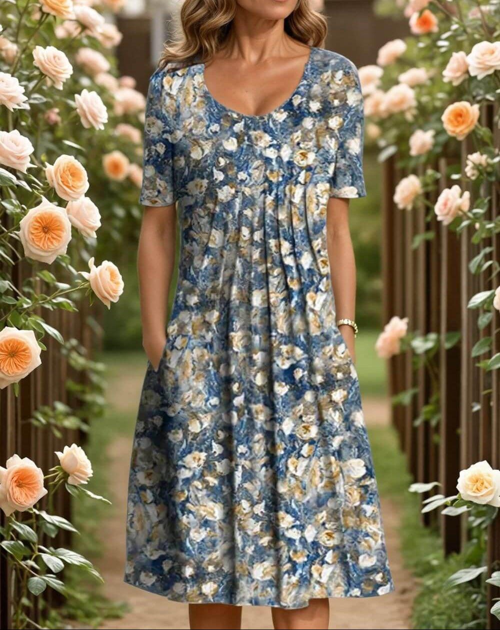 Agnes- Robe fleurie élégante avec une coupe conviviale pour le ventre