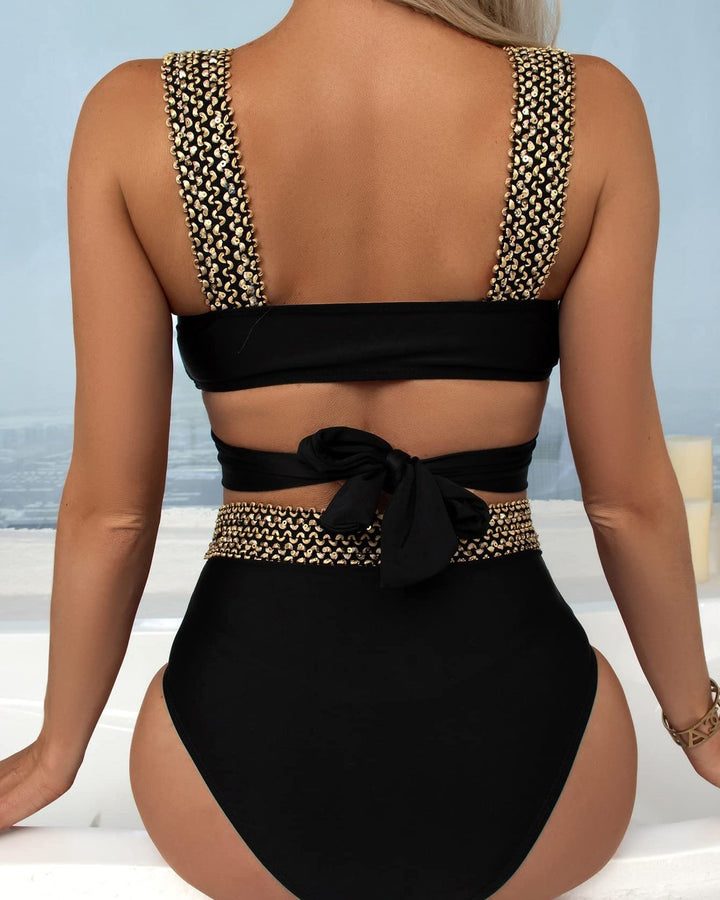 Bikini Complet Taille Haute avec Détails Dorés