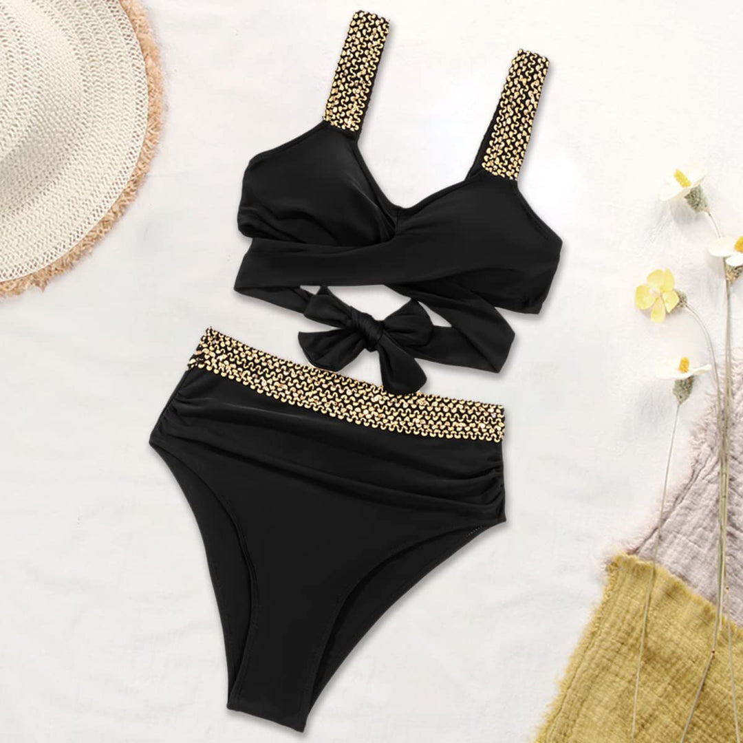 Bikini Complet Taille Haute avec Détails Dorés