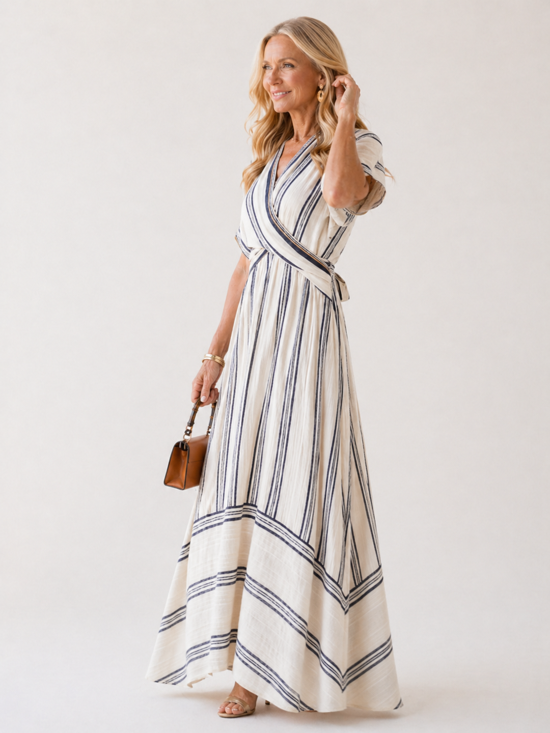 Thalassa | Robe midi à manches courtes en V avec taille cintrée