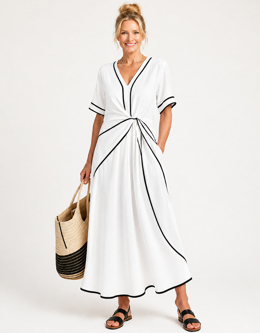 Linnea | Robe midi à manches courtes et décolleté en V