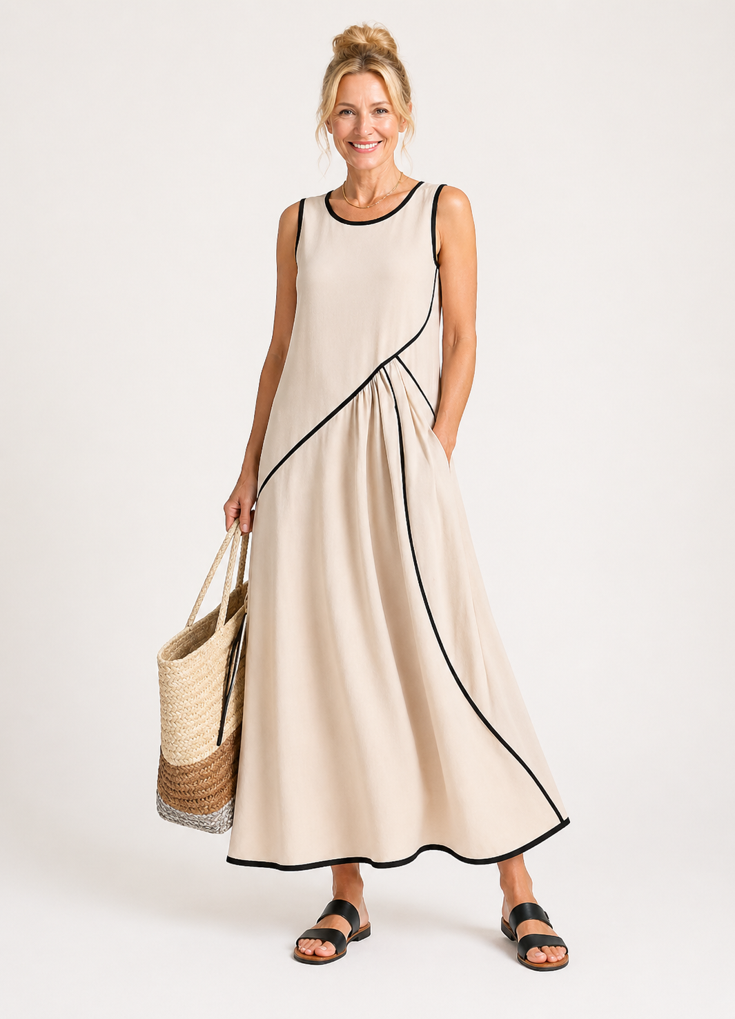 Soleia | Robe Maxi Drapée Sans Manches à Col Rond