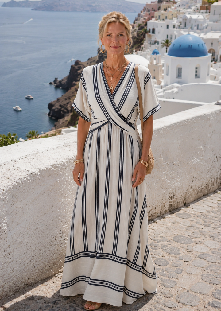 Thalassa | Robe midi à manches courtes en V avec taille cintrée