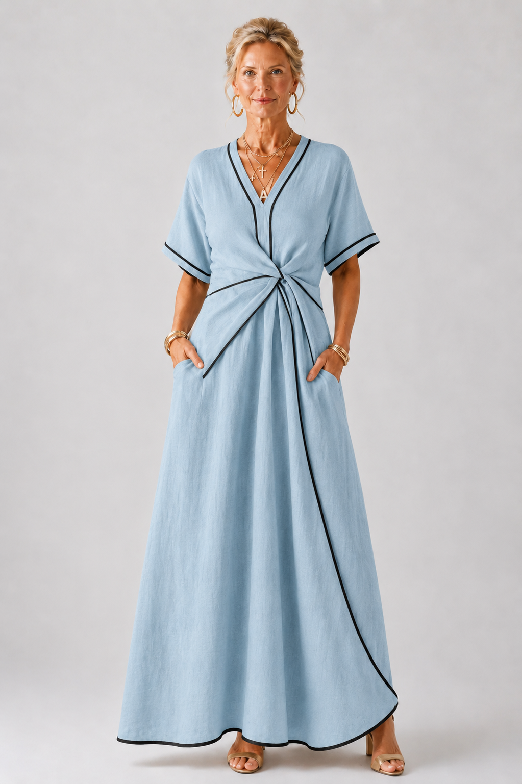Linnea | Robe midi à manches courtes et décolleté en V