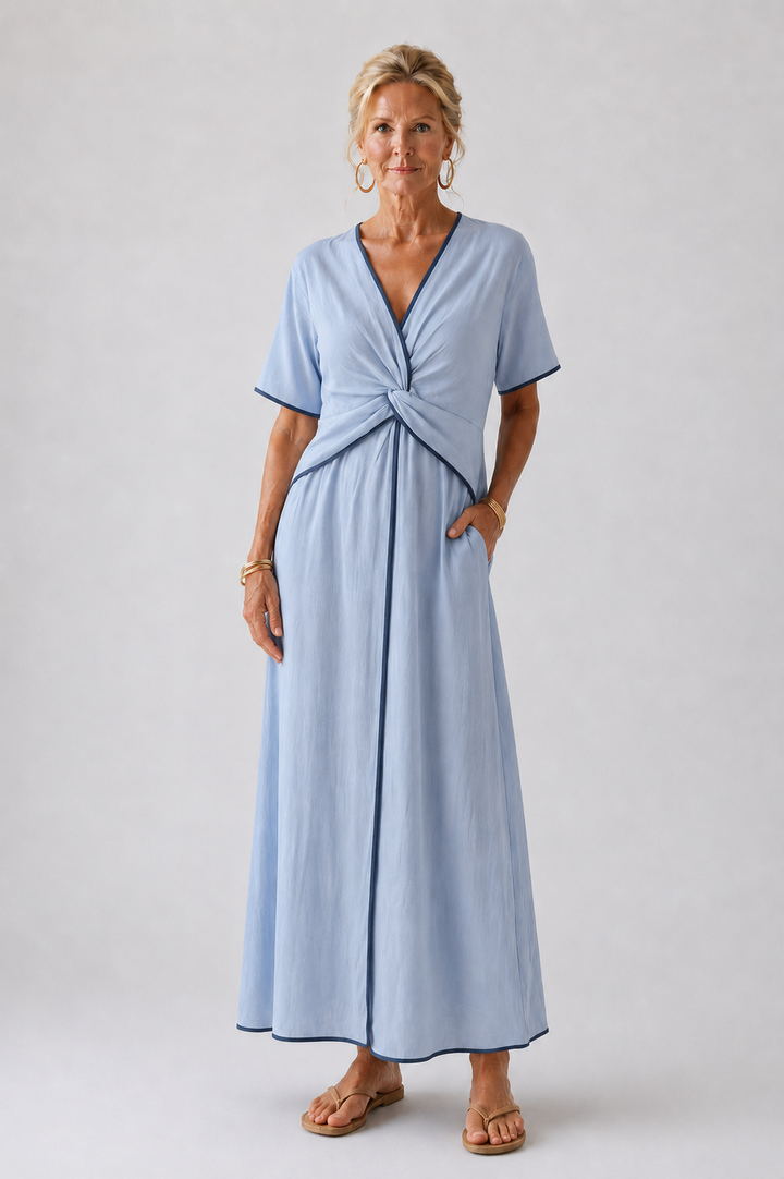 Eirene | Robe midi à manches courtes en V avec détail torsadé