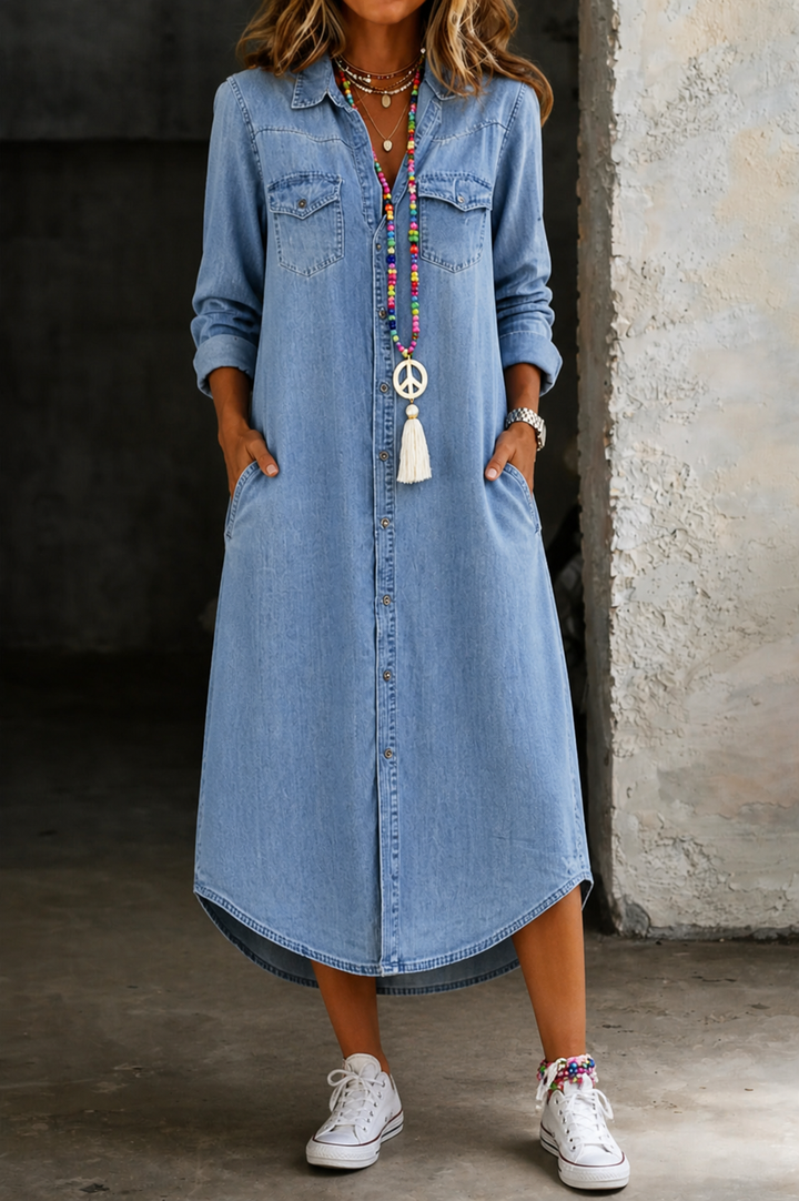 Helen | Robe Chemise Longue en Jean Élégante et Décontractée