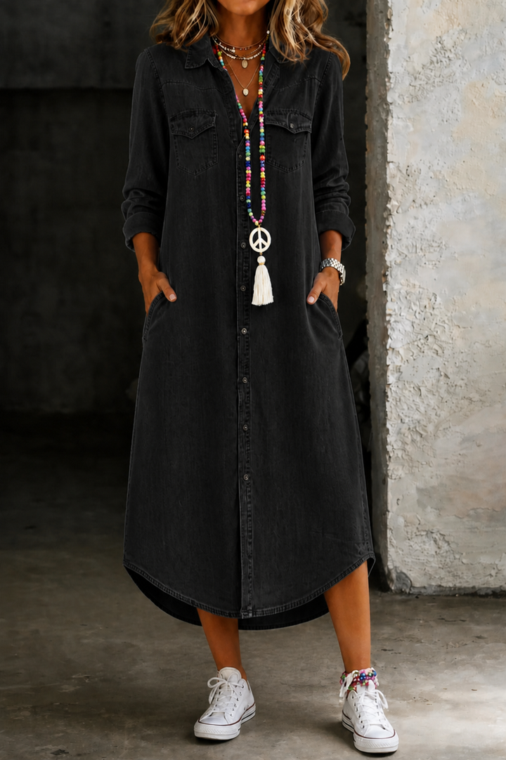 Helen | Robe Chemise en Jean Longue Élégante et Décontractée