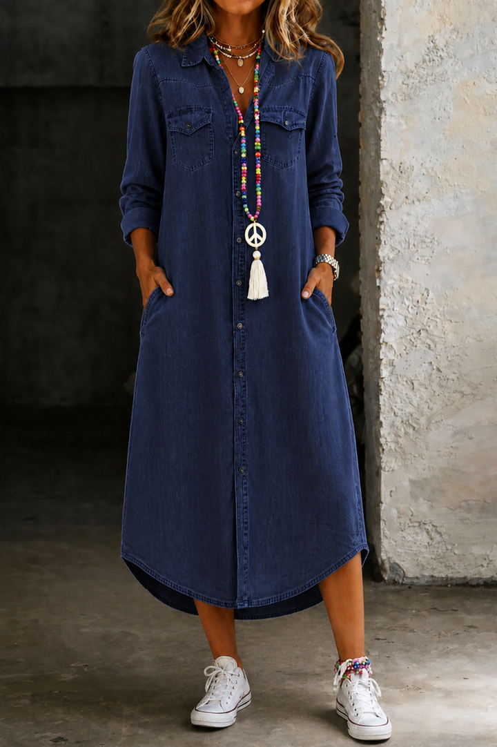 Helen | Robe Chemise Longue en Jean Élégante et Décontractée