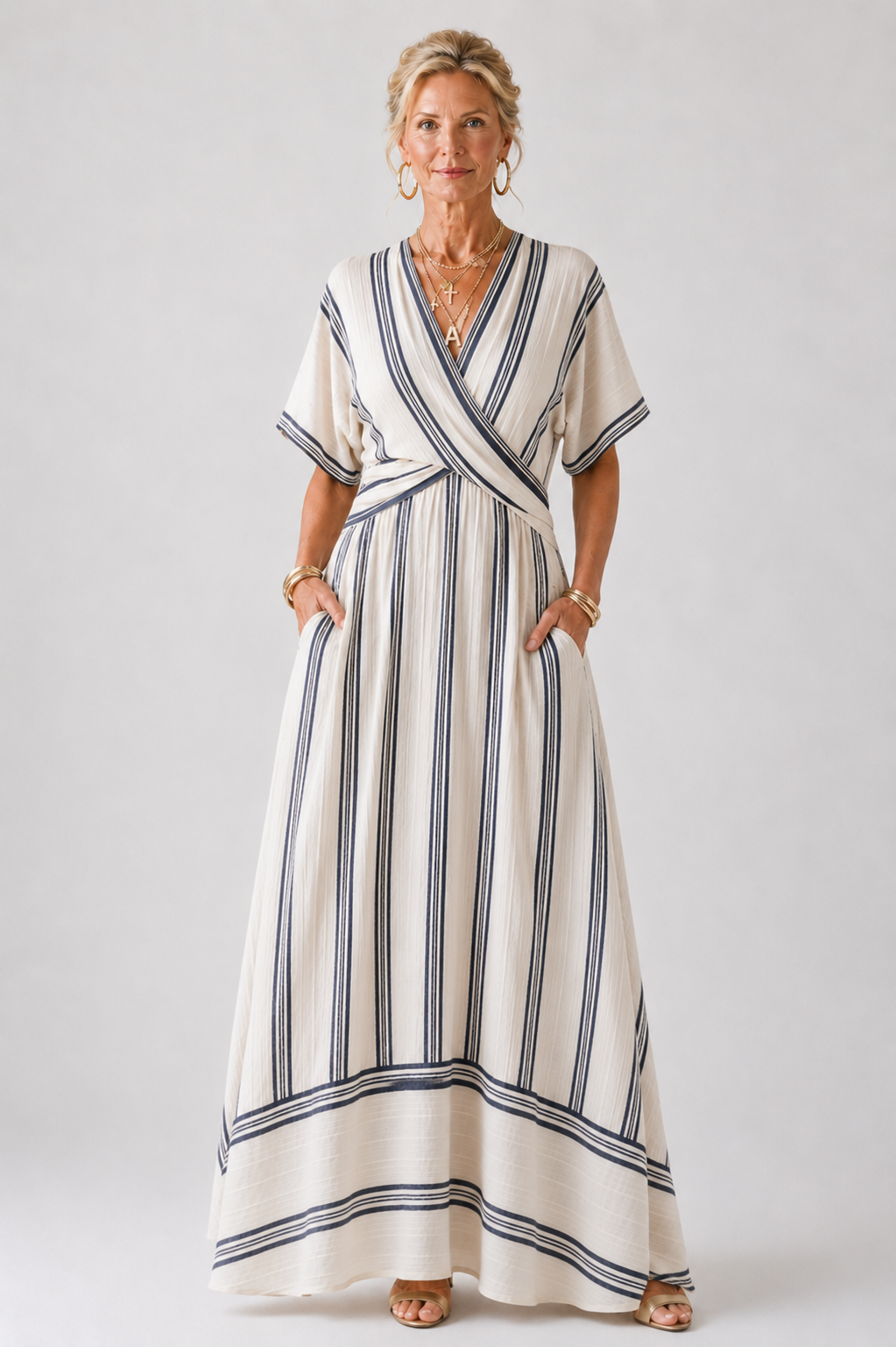 Thalassa | Robe midi à manches courtes en V avec taille cintrée