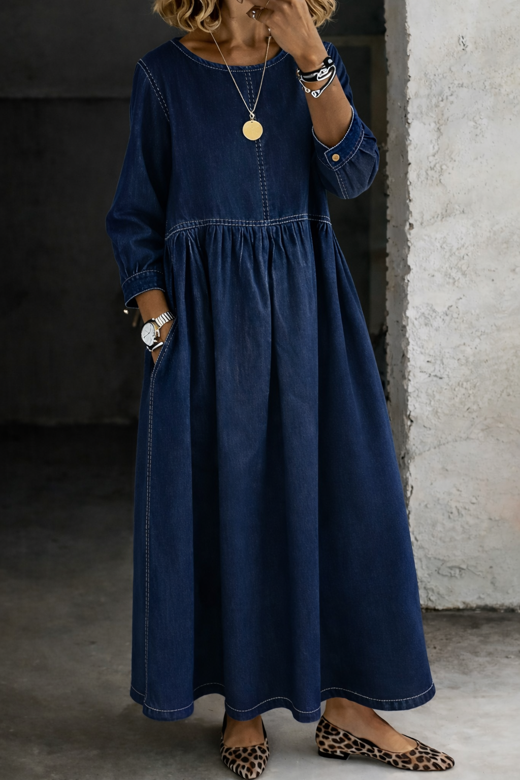 Zara | Robe en Jean à Col Rond et Manches Longues