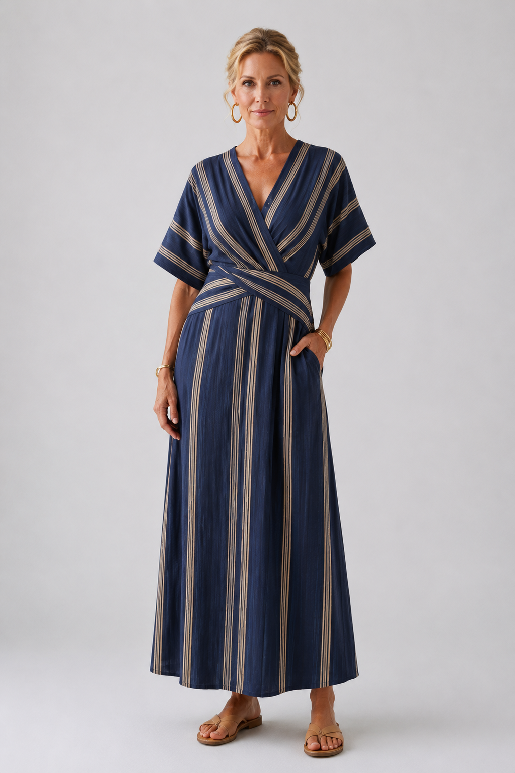 Saphira | Robe midi à manches courtes en V à rayures