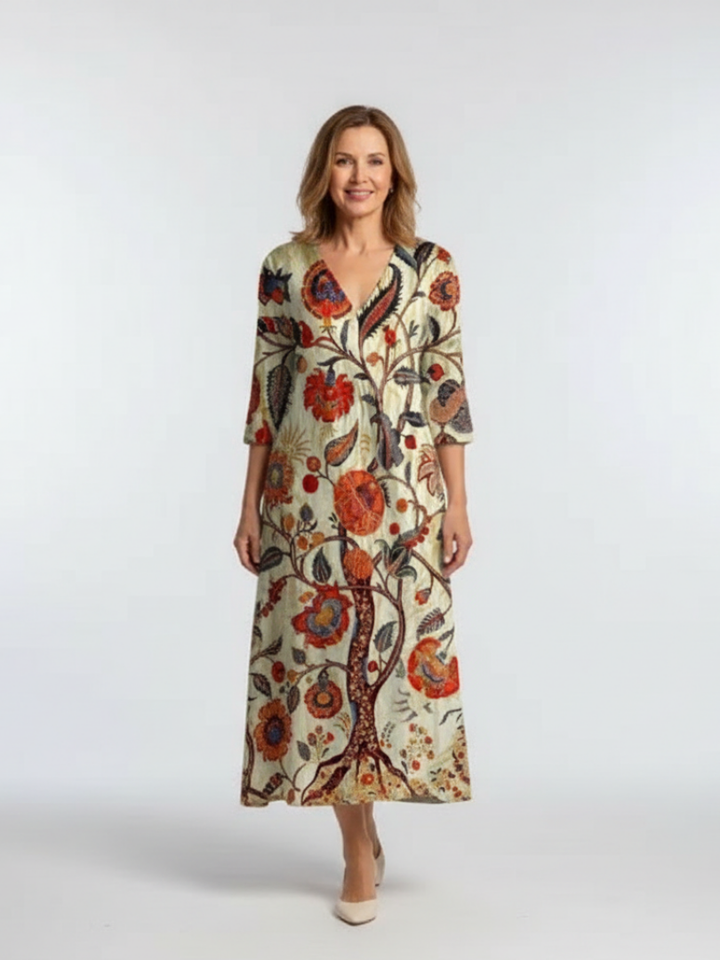 CORISANDE | ROBE MIDI FLEURIE À COL EN V ET MANCHES LONGUES