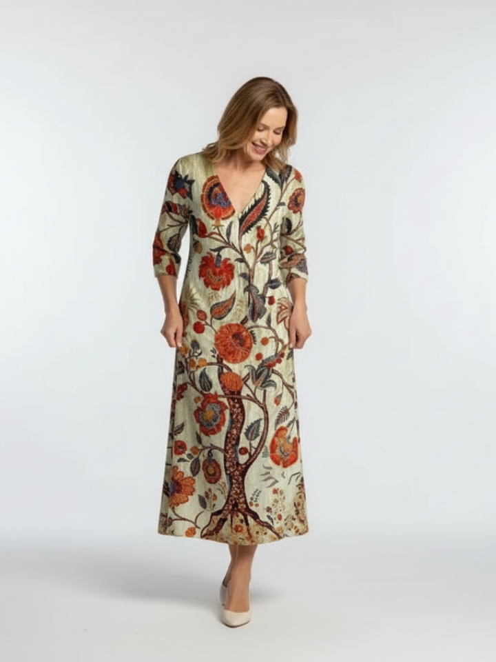 CORISANDE | ROBE MIDI FLEURIE À COL EN V ET MANCHES LONGUES