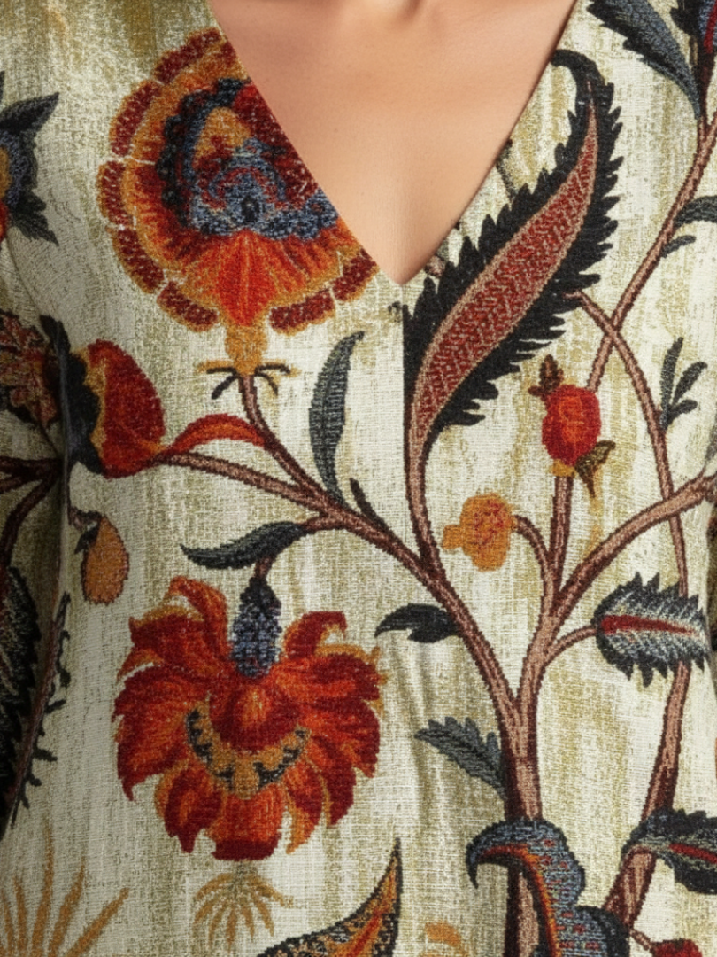 CORISANDE | ROBE MIDI FLEURIE À COL EN V ET MANCHES LONGUES