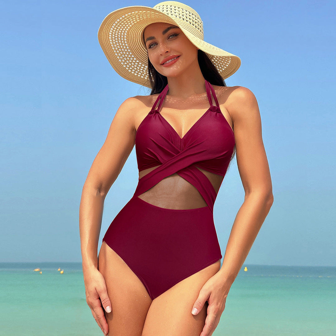 Maillot de Bain Une Pièce Sculptant avec Croisement et Tulle