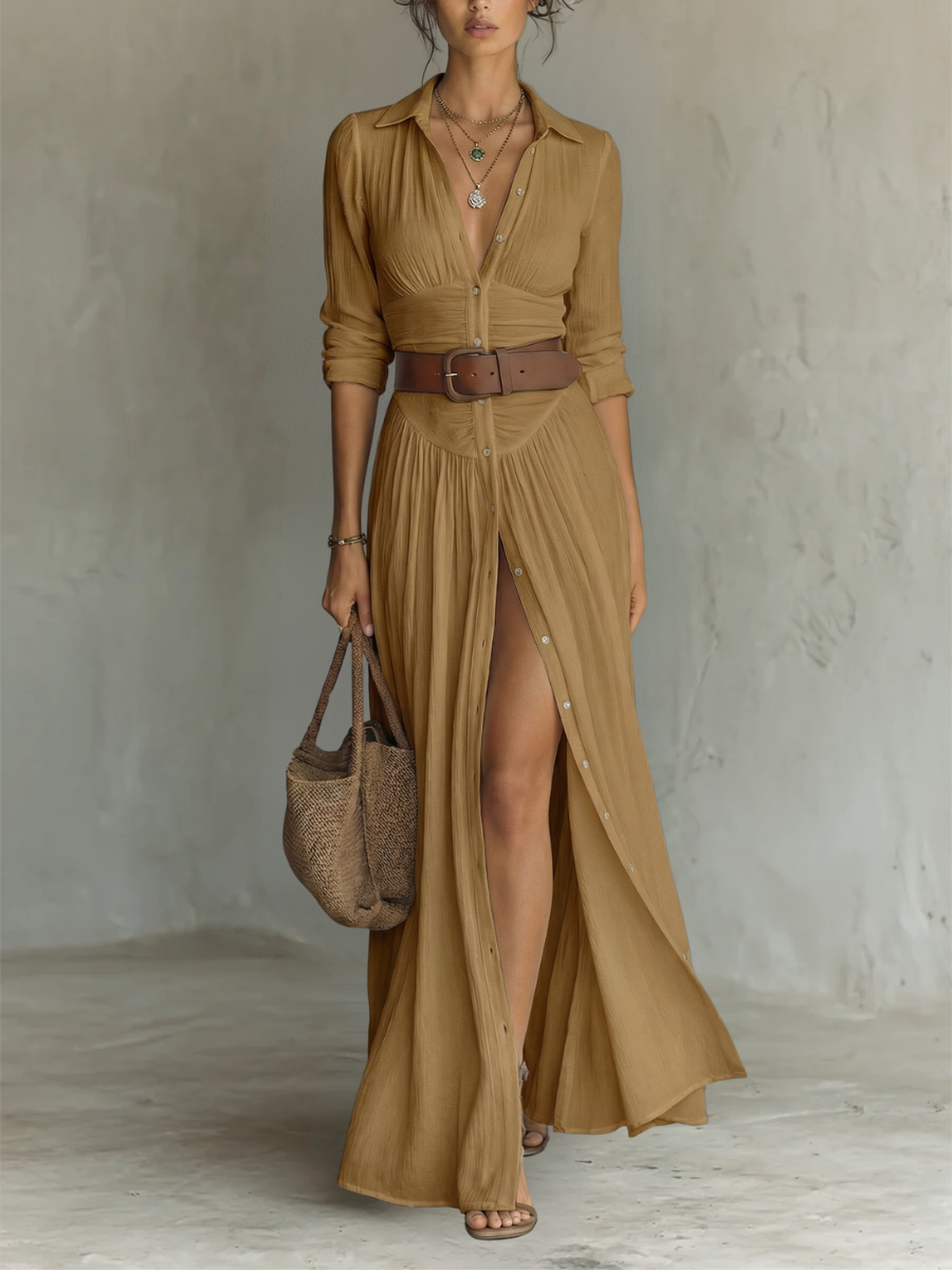 OLIVIA | Robe Maxi Longue Femme avec Col à Revers et Manches Longues en Lin