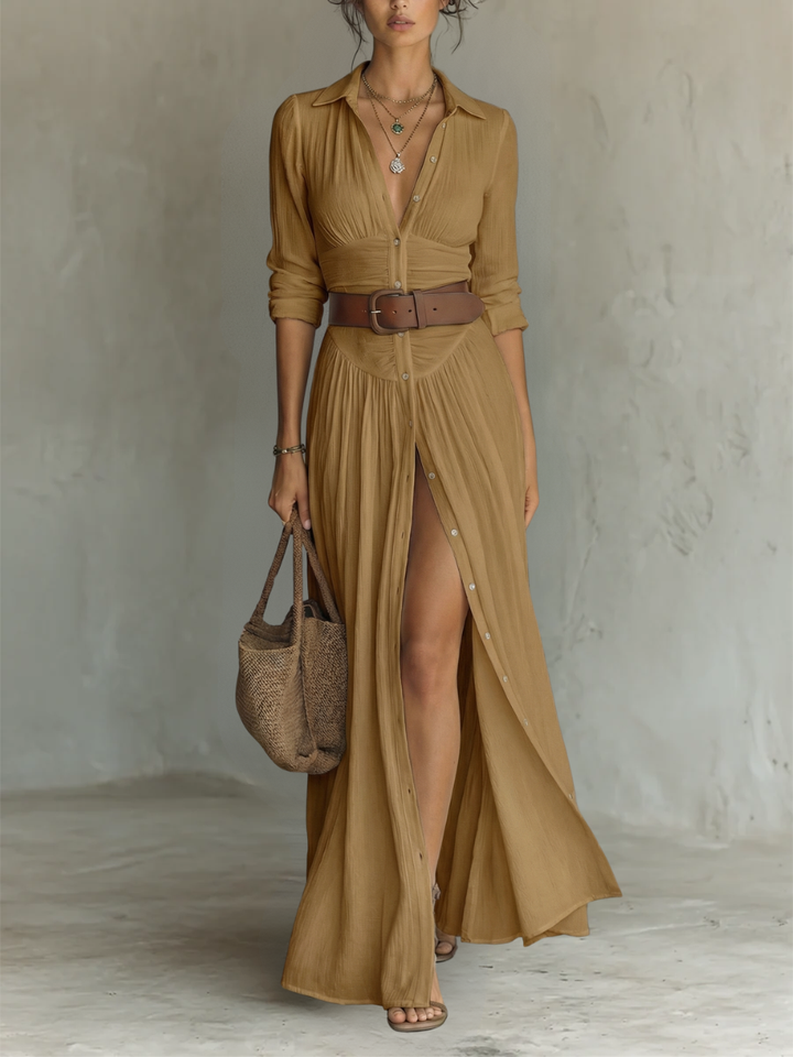 OLIVIA | Robe Maxi Longue Femme avec Col à Revers et Manches Longues en Lin