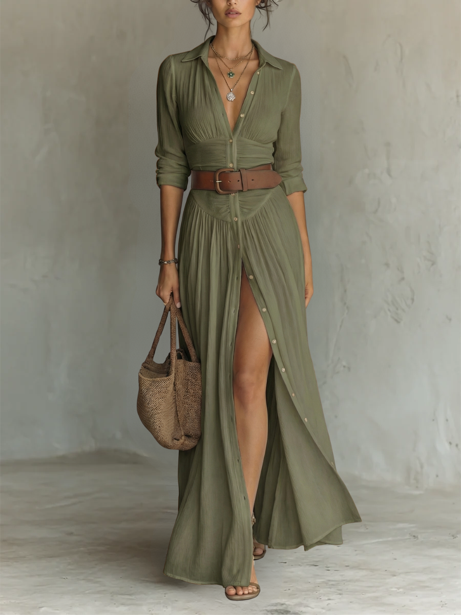 Robe Maxi Longue avec Col Notché et Manches Longues pour Femmes