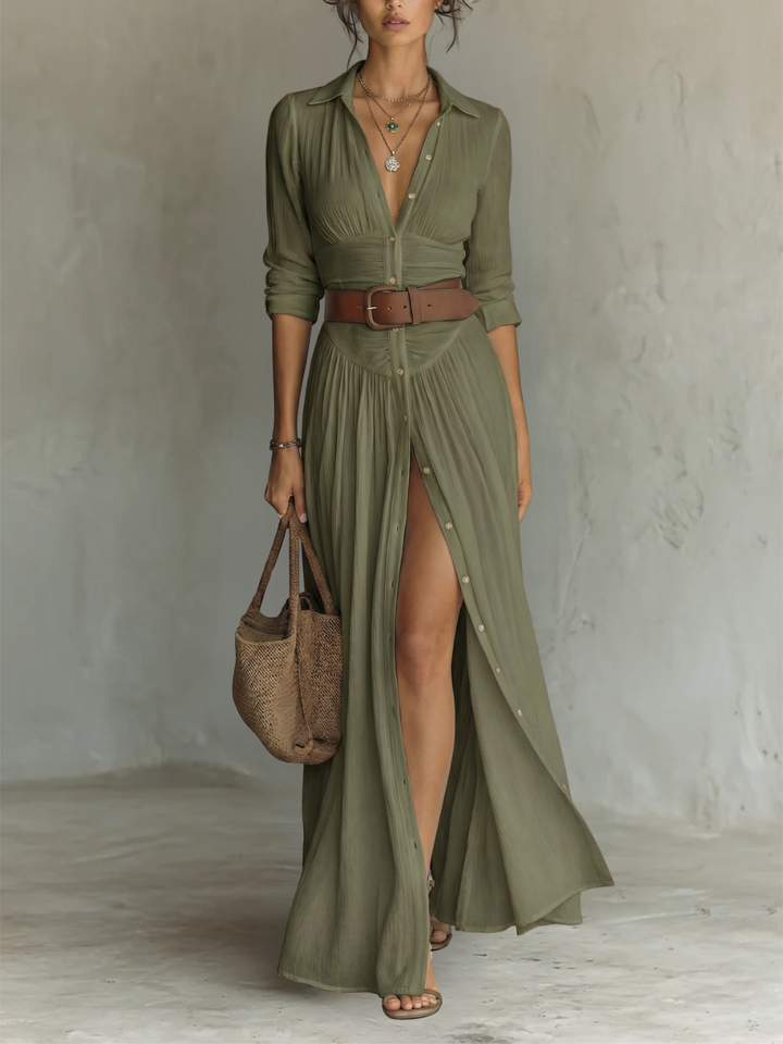Olivia | Robe Maxi Longue pour Femmes avec Col à Revers et Manches Longues en Lin