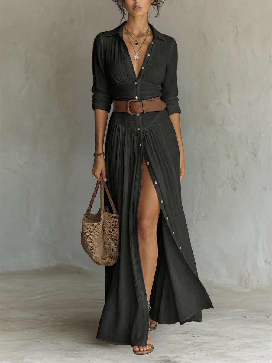 Robe Maxi Longue avec Col Noté et Manches Longues pour Femmes