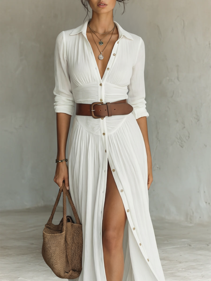 OLIVIA | Robe Maxi Longue Femme avec Col à Revers et Manches Longues en Lin