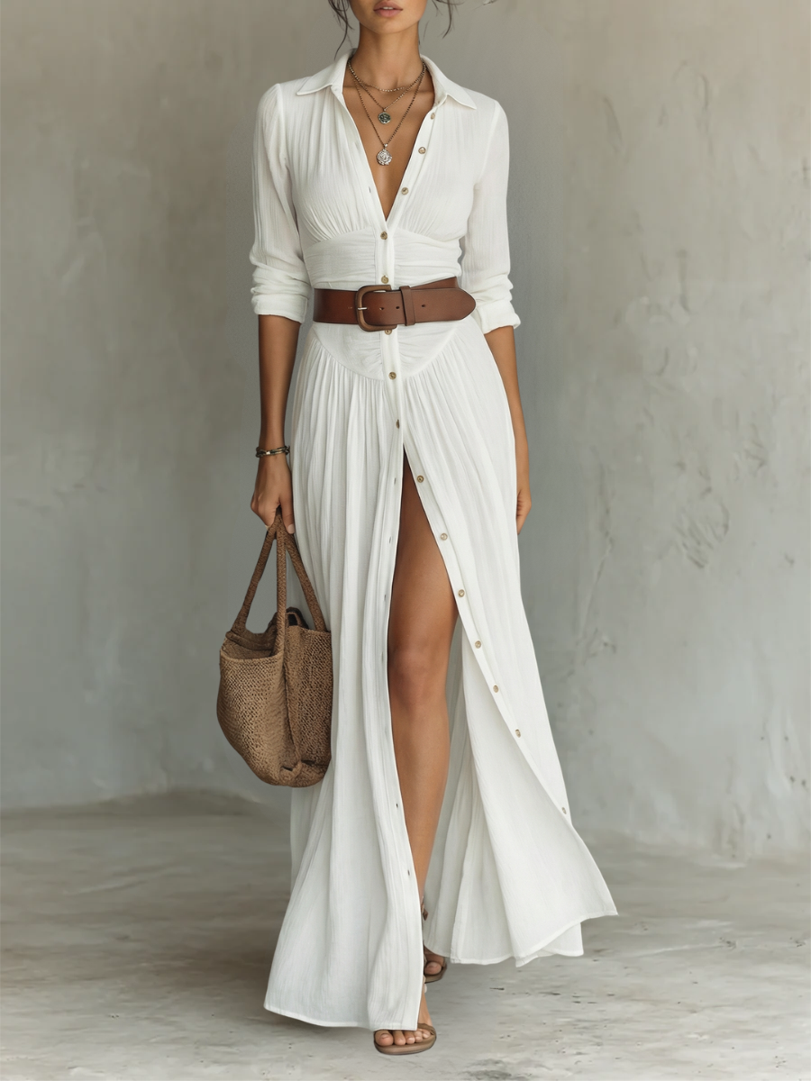 Olivia | Robe Maxi Longue pour Femmes avec Col à Revers et Manches Longues en Lin